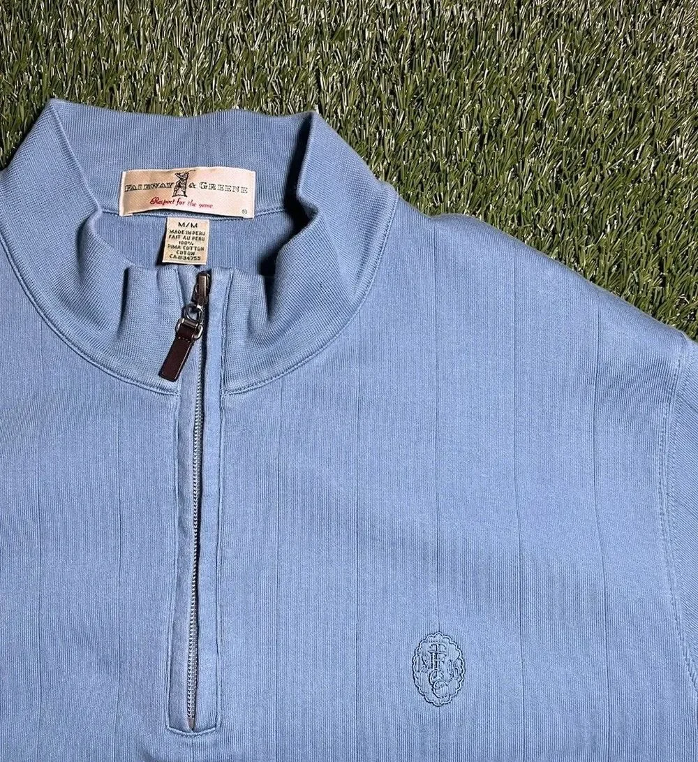 Fairway & Greene Blue Knit Pima Cotton 1/4 Zip Mock Neck Sweater Men's M